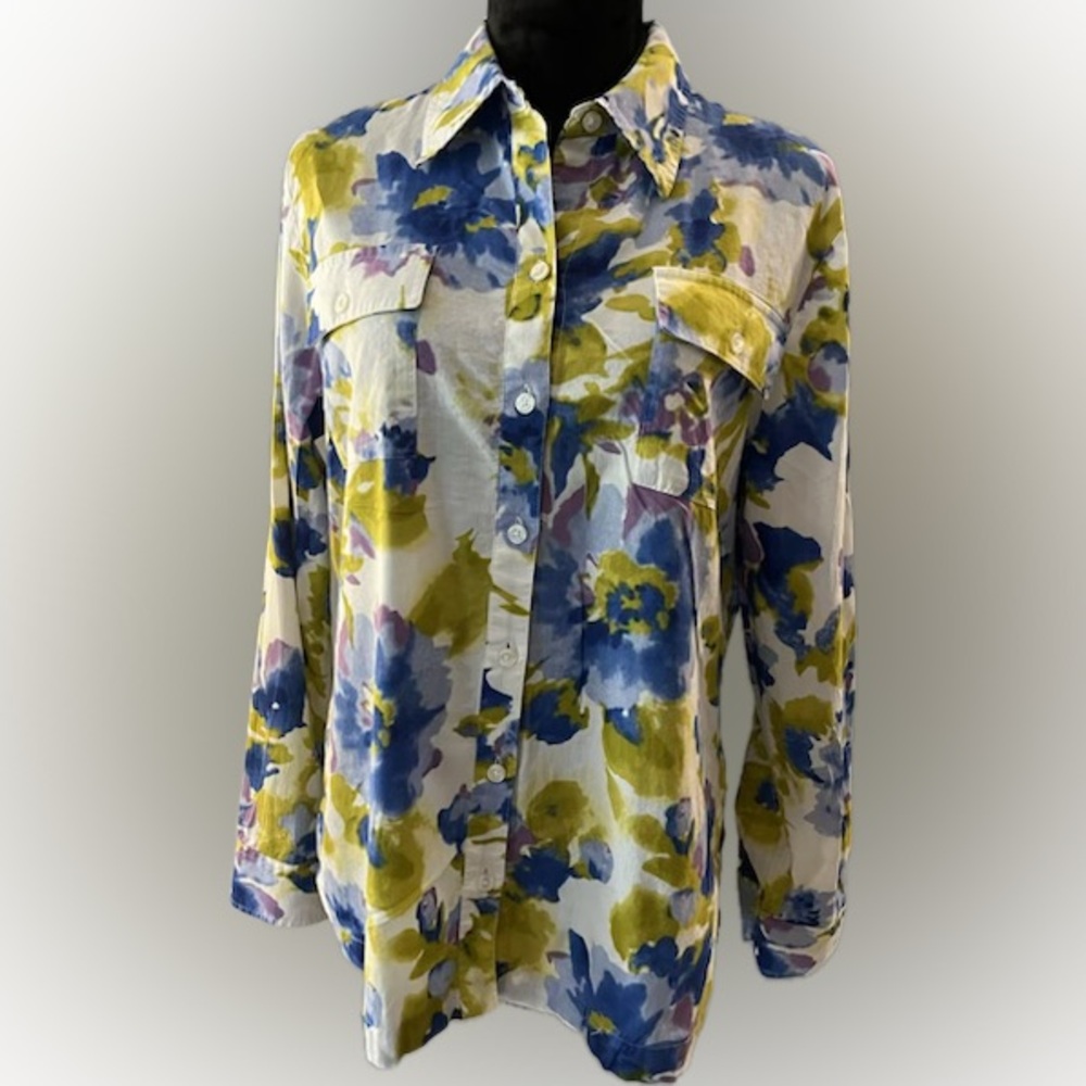 JONES NEW YORK Blue, Green and Yellow Long Sleeve Floral Shirt